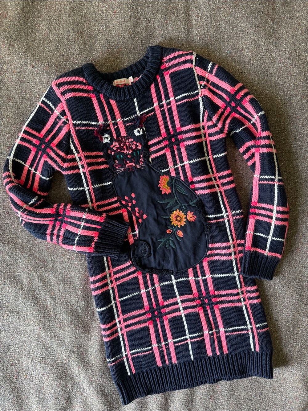 Billieblush Girls Navy & Pink Plaid Knit Dress with Cat Appliqué (Size 8)